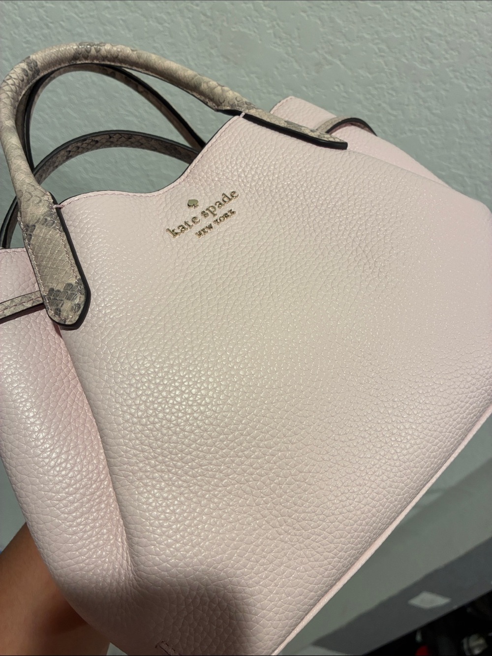kate spade Pebbled Leather Satchel in Light Pink with Snakeskin-Trim Handles - Picture 4 of 11
